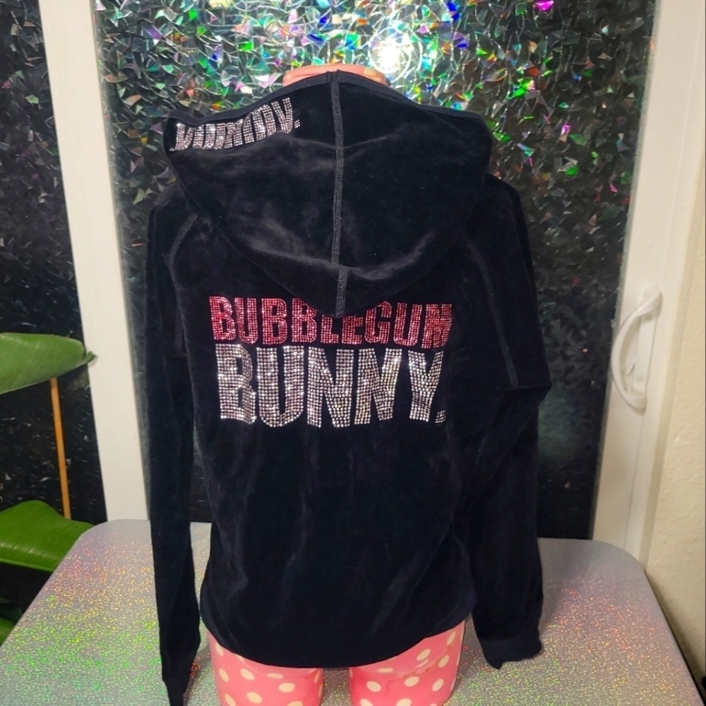 RARE HTF Y2k Vintage Pink VS Black Velour Bubblegum Bunny Swarovski Crystal SZ:L